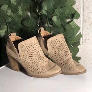 Tan Suede Ankle Booties with Perforated Design